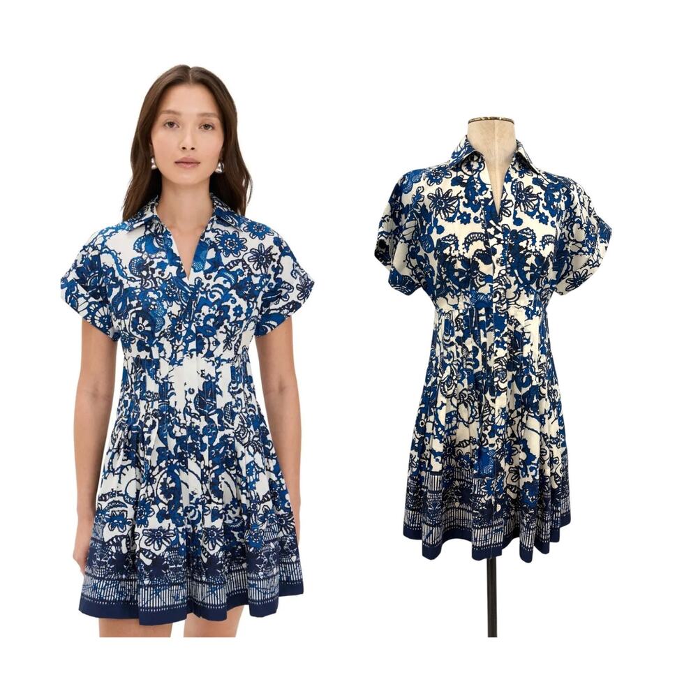 Cara Cara Nash Dentelle Blue Floral Cotton Poplin Mini Shirt Dress Small